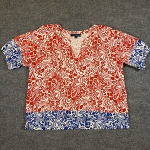 Tommy Hilfiger Women's XL Cotton Floral-Print Puffed-Sleeve Top Red White & Blue
